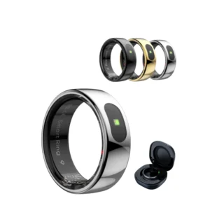 A product image showcasing a smart ring in various colors including silver, black, and gold, displayed alongside its black charging case.