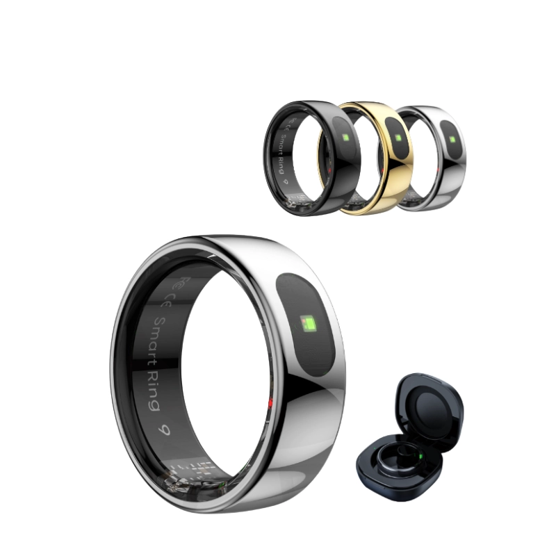 A product image showcasing a smart ring in various colors including silver, black, and gold, displayed alongside its black charging case.