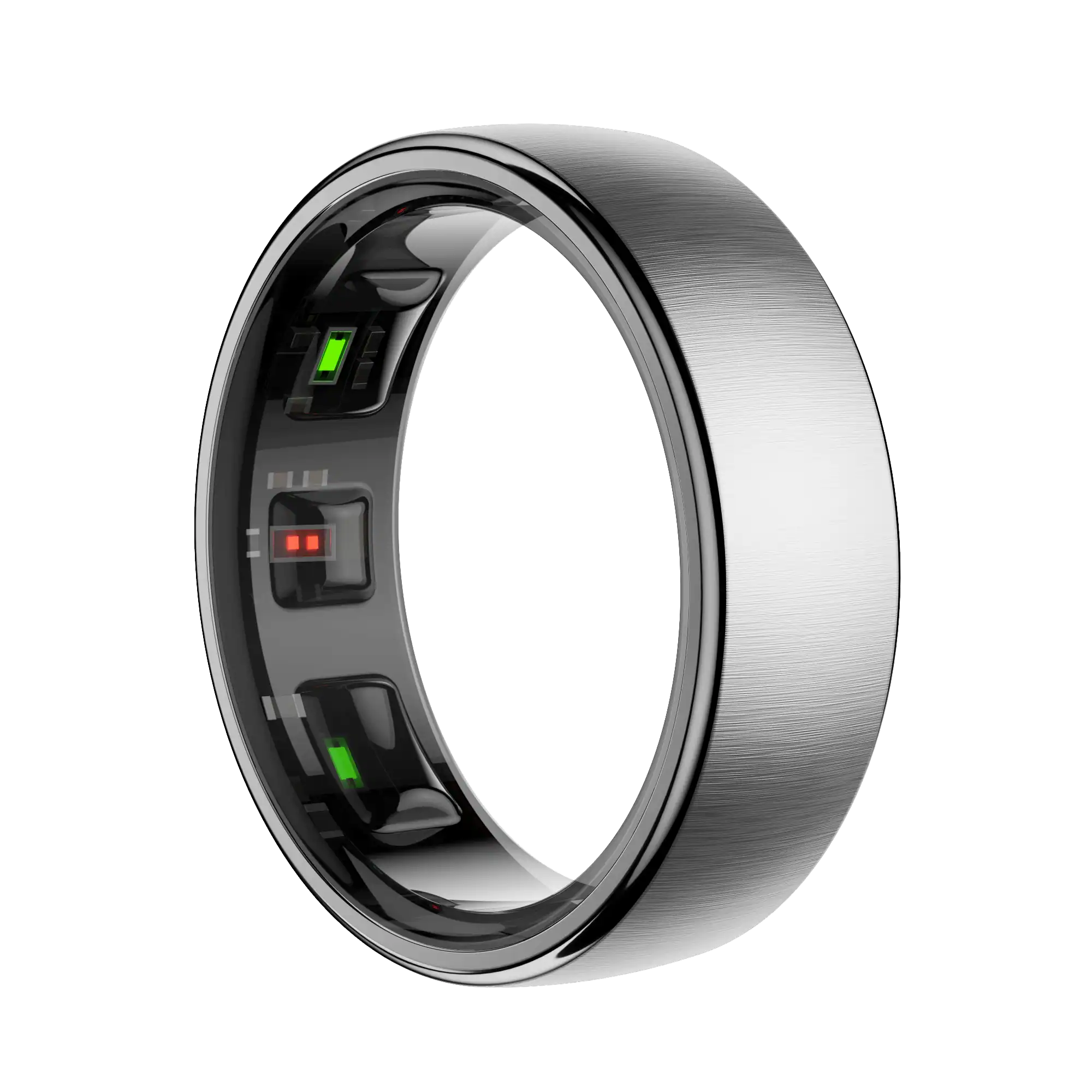 a close-up of a smart ring , showing the inner band which houses multiple glowing red and green health sensors .