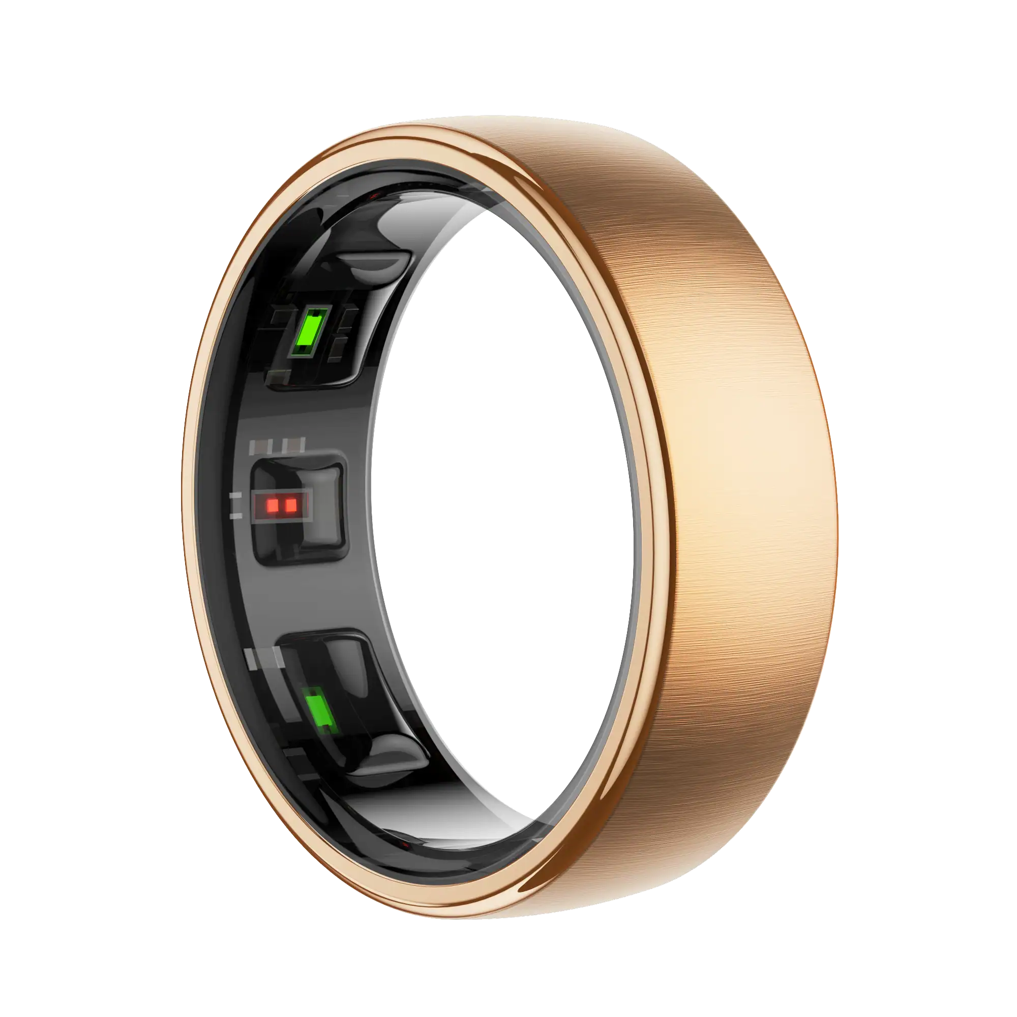 a close-up of gold-coloured smart ring , showing the black inner band with multiple glowing red and green health sensors.