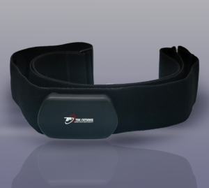 A black, contoured chest strap heart rate monitor with a central sensor pod featuring a logo.